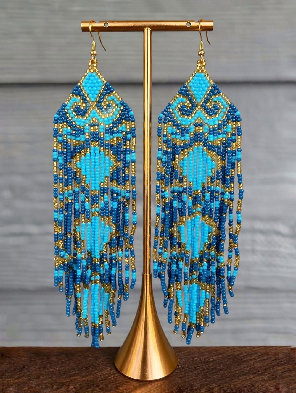 Reign Boho Fringe Beaded Earrings Handmade Coastal Seed Bead Jewelry - Blue Gold
